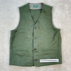 [M] VTG ORVIS WOOL Button-Up Sweater Vest 4-Pocket Cotton Contrast Green