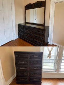 Dresser ( Vintage Solid Wood Carved Bedroom Set – Dresser w/ Mirror + Tall Chest
