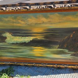 Vintage Ocean Beach Seascape Oil Painting With Decorative Wood Frame 56x31.5x2"