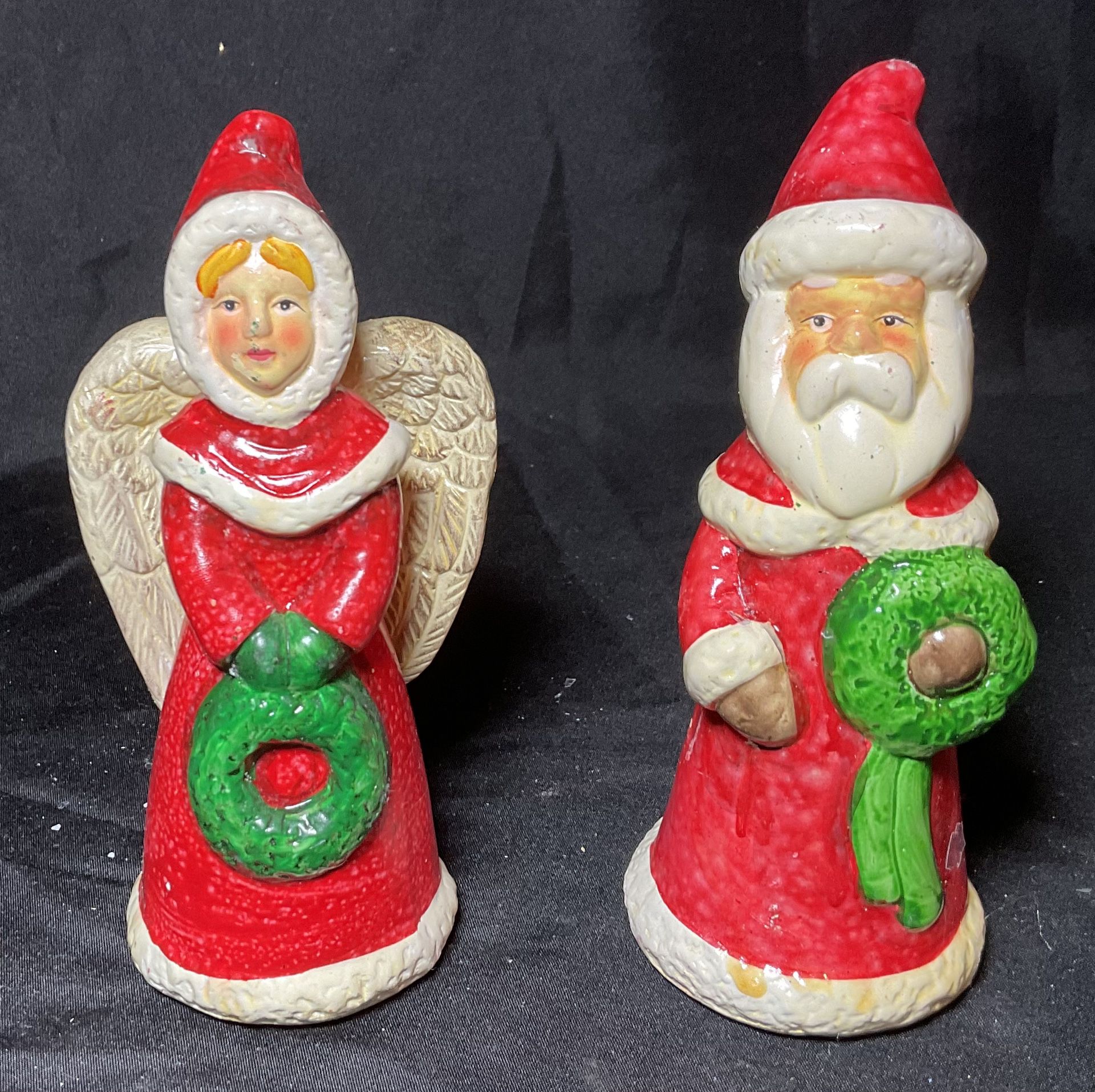 Vintage Christmas Figurine Set Of 2 Santa Claus And Angel With Wreath