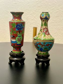 Vintage Chinese Cloisonné Miniature Vases with Wooden Stands - Pair / Set of 2