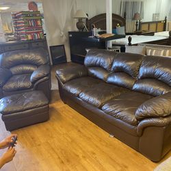 Brown Leather Sofa & Chair W/Ottoman Living Room set