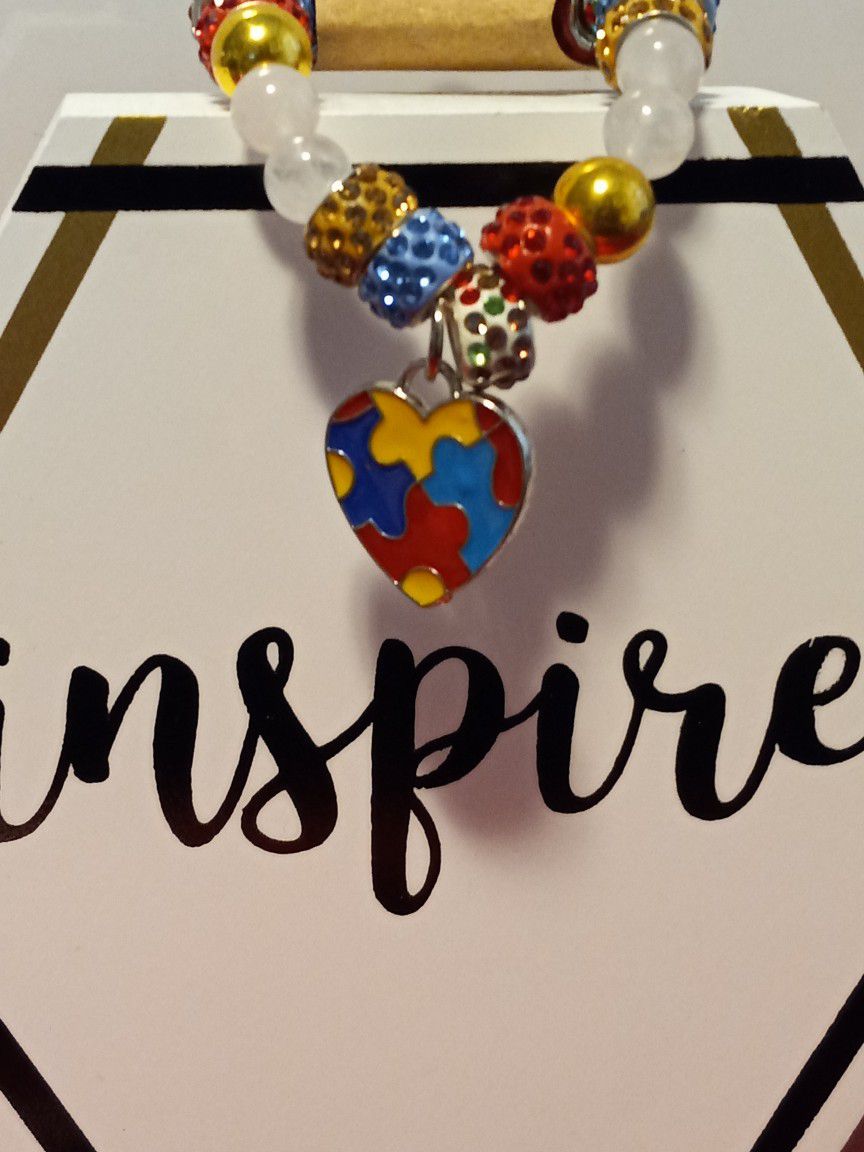 Autism Puzzle Piece Heart Charm Rhinestone Bracelet 