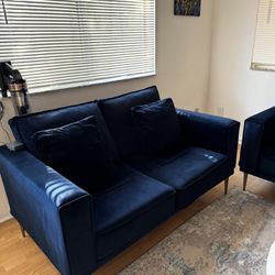Dark Blue Velvet Sofa & Loveseat – 2 Years Old
