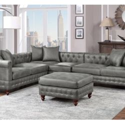 Gray Leatherette Sectional Sofa With Ottoman 