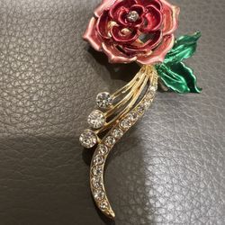 Enamel Rose Brooch with Rhinestones on Stem 