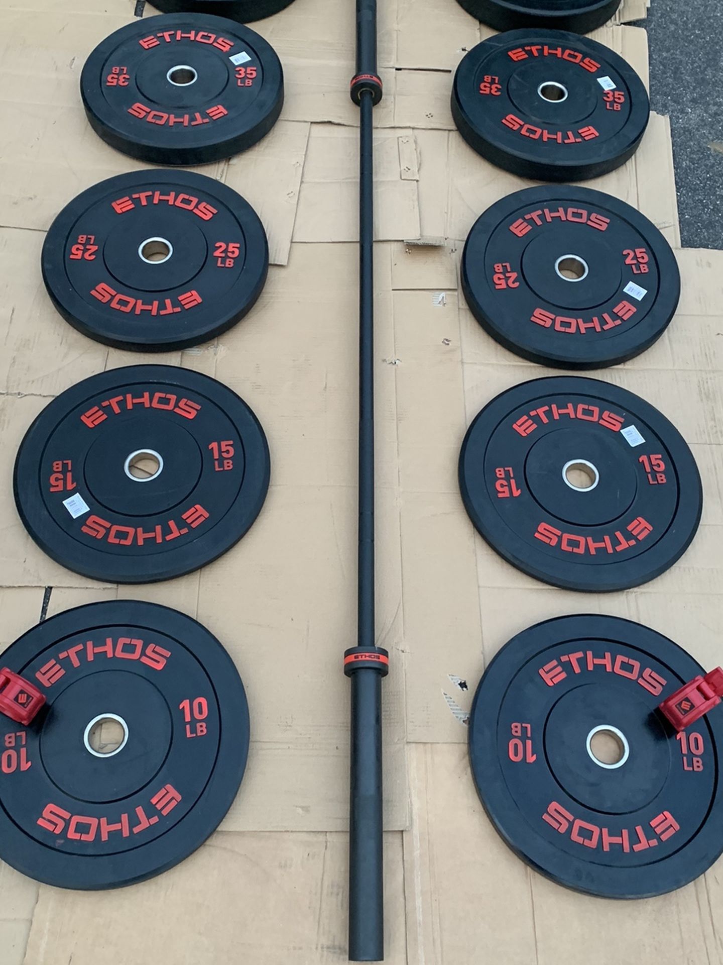 305 Pound Complete Matching Ethos Bumper Plate + Power Bar Olympic Weight Set