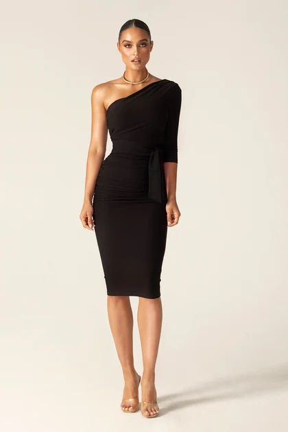 Black MIDI One shoulder Body con With  Rouching Dress