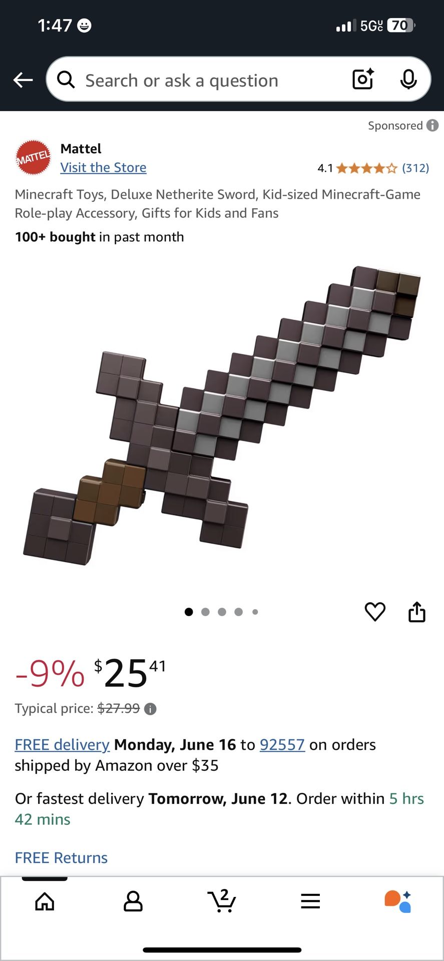 Minecraft Toys, Deluxe Netherite Sword, Kid-sized Minecraft-Game Role-play Accessory, Gifts for Kids and Fans