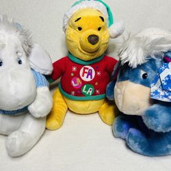 Disney Store Winnie the Pooh Eeyore Winter Plushes + Pooh Bear Christmas Plush