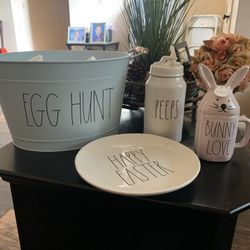 Rae Dunn 40 Egg hunt, Peeps 28, Bunny love 20, happy Easter 15