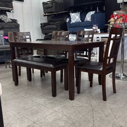 Brown Dining Table With Faux Leather Chairs 