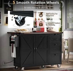 AS IS Assembled New 54.5" Farmhouse Kitchen Island w/ Power Outlet Black Rustic Rolling Storage Cart