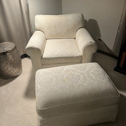 White Damask  Chair And Ottoman 