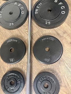 BRAND NEW:  7 ft Standard Bar With VINTAGE Cast Iron Weight Plates: 50s,25s, 10s,  And 5s. (Total: 205 lbs)