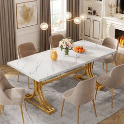 63" Modern Dining Table with Faux Marble Tabletop & Metal Legs