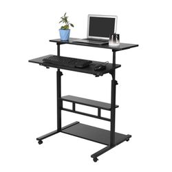 Height Adjustable Sit Stand Workstation, Adjustable Stand Up Desk Table with Storage Computer Workstation Rolling Presentation Cart for Home Office