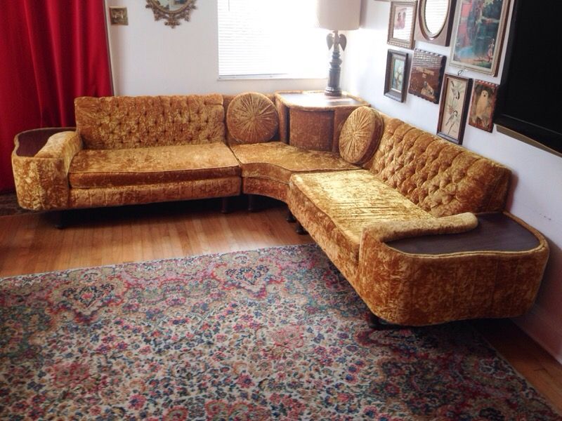 Vintage gold yellow sofa couch sectional crushed velvet with Lazy Susan