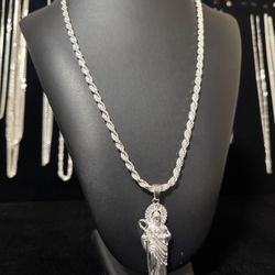 925 Italian Silver Rope Chain With San Judas With Stones 
