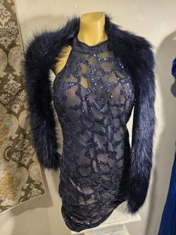Lace Stretch Dress With Fur Boa. Both Sexy Navy