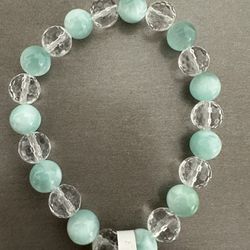 New, Beautiful Green Moonstone And Faceted Clear Quartz Crystal Bracelet. Jewelry Bag Included. Great Mother’s Day Gift.