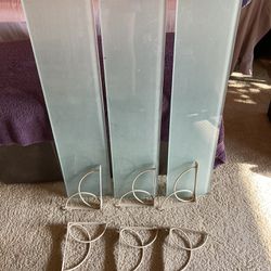 SET of 3 Frosted Glass Shelves w/ Beveled Edge & Metal Brackets 35 1/2” x 8” x 3/8”