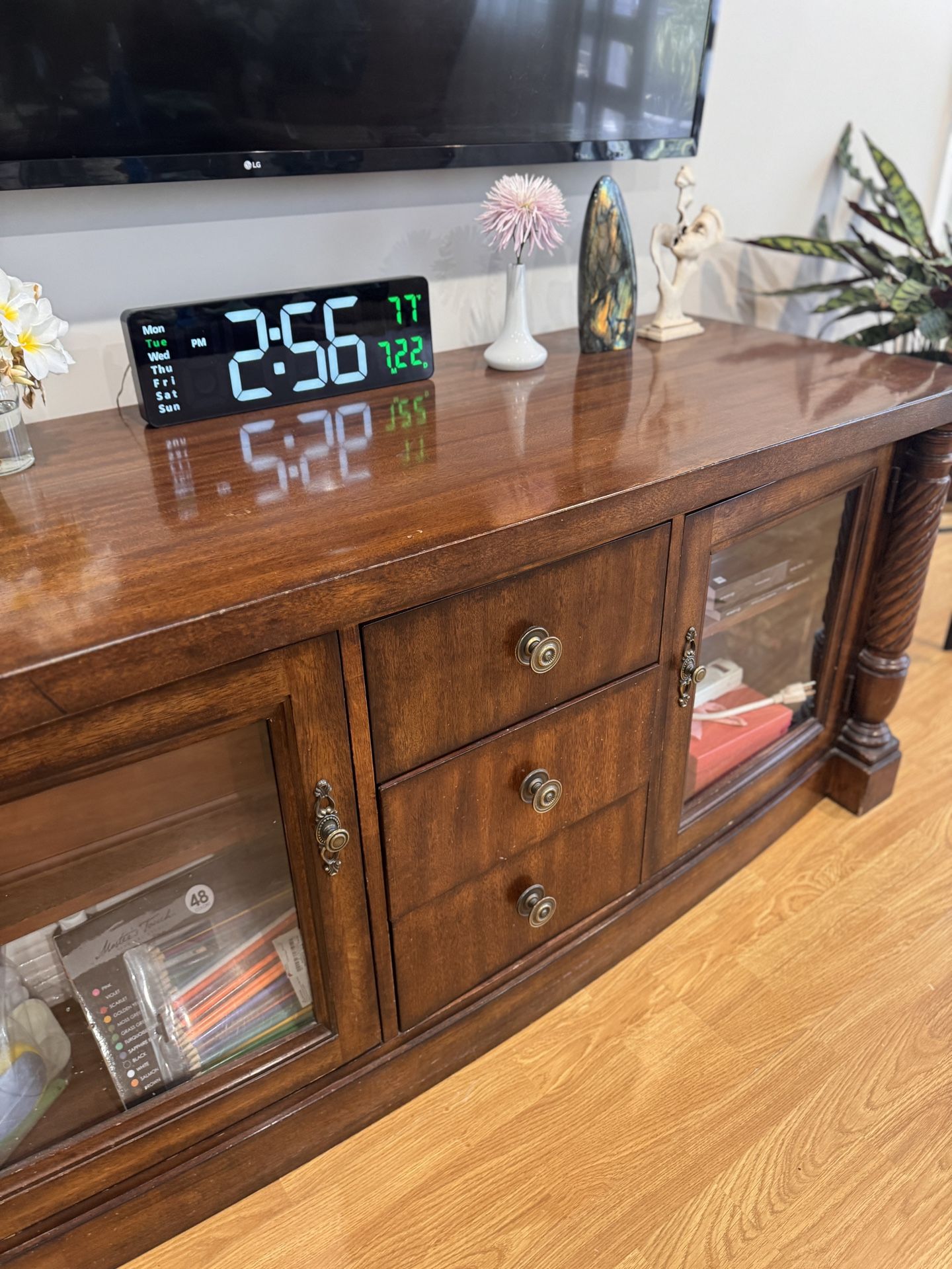Solid Wood Entertainment Center with Glass Cabinets & Drawers