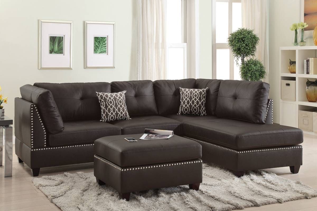Brown Faux Leather Sectional Sofa With Ottoman