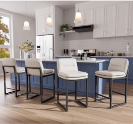 24" White Counter Height Bar Stools Set of 4, Double-Layer Seat Metal Frame with 330lb Weight Capacity, Easy-Clean Faux Leather, Comfy Backrest, Ideal