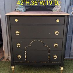 Antique Black Chest Of 4 Drawers Wood Dresser 