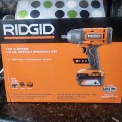 Ridgid 18V 3 Speed 1/2 in Impact Wrench Kit w/4.0 Battery & Charger (New)