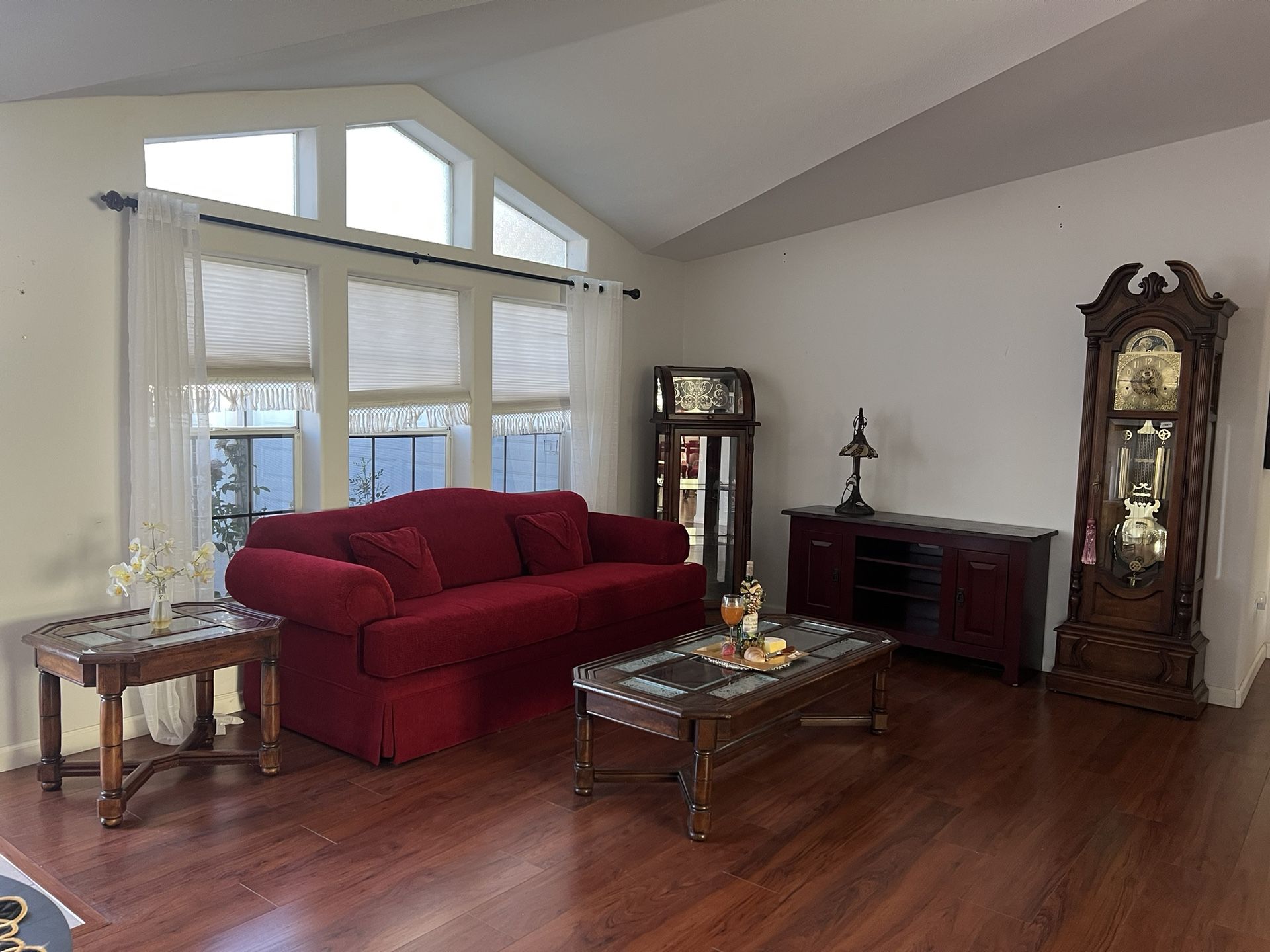 RED COUCH FOR SALE , WALL ROD IRON AND TV STAND