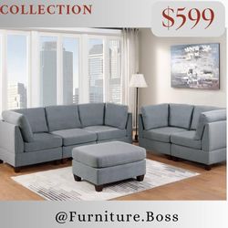 3pc Sofa + Loveseat + Ottoman $599 * Available In Grey Or Brown