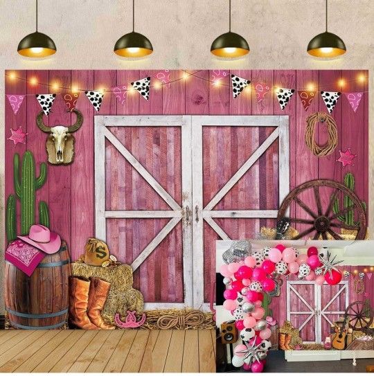 Western Cowgirl Backdrop Cowgirl Party Decoration Pink Barn Background for Photography Western Retro Rustic Farm Wooden House Barn Photo Banner Cowgir