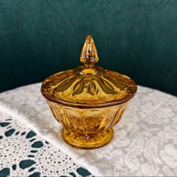 Vintage Amber Glass Candy Dish with Lid