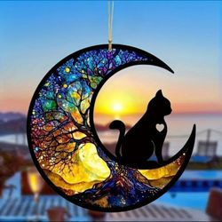 Moonlit Guardian — Black Cat & Tree of Life Stained Glass Acrylic Suncatcher