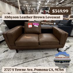 Abbyson Leather Brown Sofa (Missing Pillow!!) Open Box 