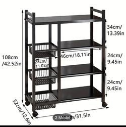 Adjustable 4-Storey Metal Shelf Rack - 1pc Movable Storage Rack With 3 Wire Baskets - Kitchen Organizer And Storage For Garage, Pantry, Bathroom, Clos