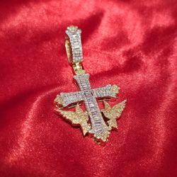 10k Yellow Gold Diamond Baguette Round Cut Cross Pendant 1.05 ctw