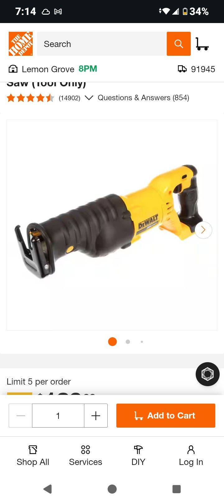Dewalt Cordless Reciprocating Saw. Tool Only, No Battery
