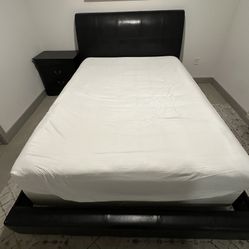 Black Leather Queen Bed Frame and Nightstand (mattress and/or box spring included for free if wanted)