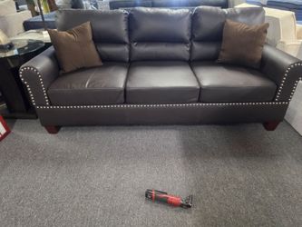 Brand New Dark Brown Bonded Leather Sofa with Nailhead Trim