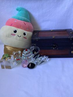 Treasure box of Crystal Glass figurines & Smooshy Pals Ice cream plushie