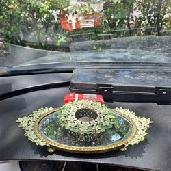 Mirror Tray And Candle Holder Encased in Green Stones