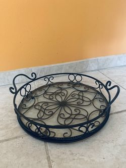 Home Decor Wrought Iron and Glass Tray with Handles