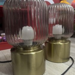 SOLKLINT Table lamp, brass/grey clear glass, 28 cm