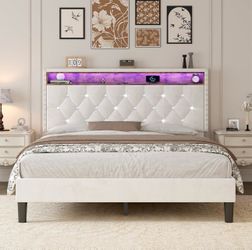 White Upholstered Platform Bed with LED Headboard
