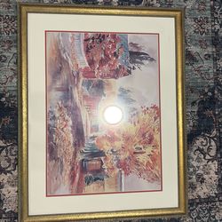 Framed Autumn Landscape Watercolor Wall Art – Gold Frame