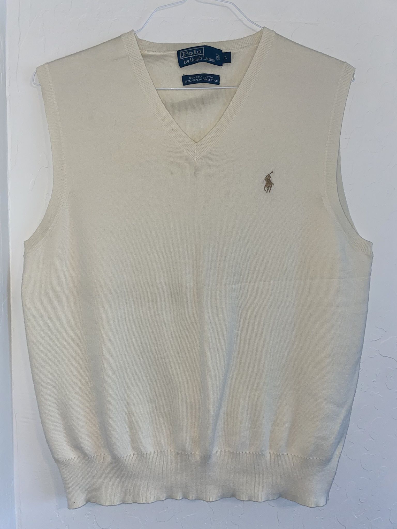 Polo Ralph Lauren Men's Large Sweater Vest Pima Cotton V Neck Cream Color