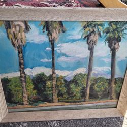 Palm tree canvas framed 1963 Hitchinson art 19x23" white washed frame